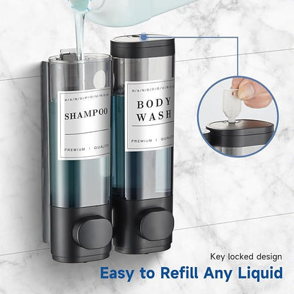 Shower Soap Dispenser Shampoo and Conditioner Dispenser 2 Chamber No Drill Wall-Mounted Shampoo Dispenser for Shower Wall Mounted Shower Dispenser for Bathroom Hotel Large Capacity,Black
