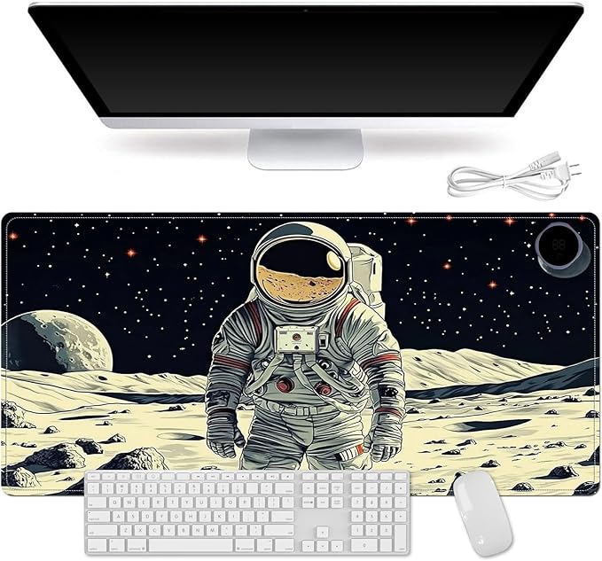 Small Heated Desk Pad 23.6" x 14.2" – Compact Electric Mouse Pad with 3 Heating Levels, Auto Shut-Off, Waterproof PU Surface, Plug-in Warmer for Office or Home Use, Astronaut on Moon