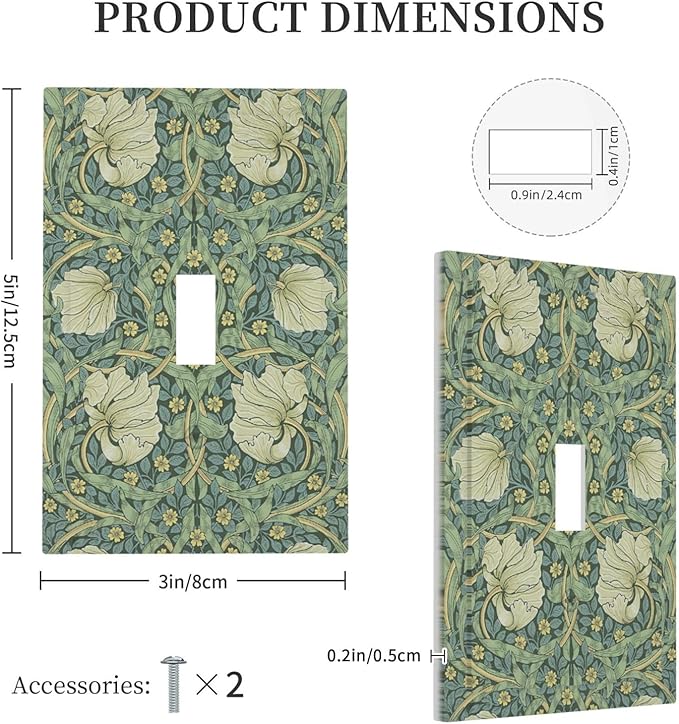 Decorative Light Switch Cover Vintage Floral Plant Sage Green William Morris 1 Gang Single Toggle Decorator Outlet Wall Plate Device Electrical Faceplate Switchplates for Bedroom Home Decor