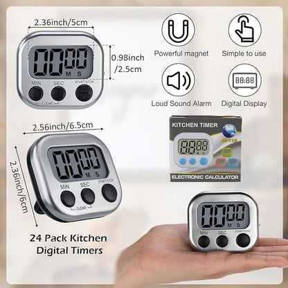 Leumoi 24 Pcs Digital Kitchen Timers Magnetic Back Timers Bulk Large Screen Loud Alarm On/Off Switch Minute Second Count up Countdown Memory Setting for Cooking Classroom Exercise (Sliver and Black)