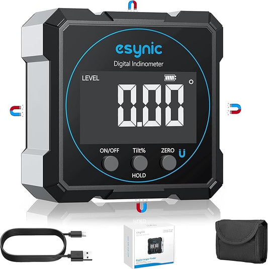 eSynic Digital Level Box - 4-Side Magnetic Digital Angle Gauge with 0.05° High Precision & Large LCD Display- Rechargeable IP54 Waterproof Inclinometer, Aluminum Frame for Woodworking/Construction