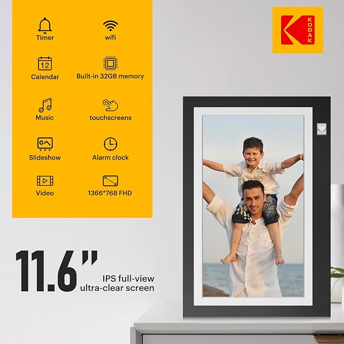 KODAK WiFi Digital Picture Frame, 11.6 Inch 1366 * 768HD IPS Touchscreen Digital Photo Frame with 32GB Storage, Easy Setup to Share Photos or Videos, The Best Gift for Family and Friends