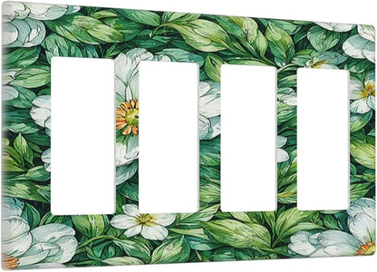 Vintage Floral White Flowers Green Plants Leaves Wallplates 4 Gang Quad Rocker Decorative Light Switch Covers Electrical GFCI Faceplate Switch Plate for Bedroom Bathroom Decor
