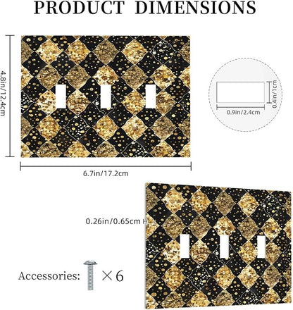 Gold Black Marble Geometric Plaid Glitter Decorative Switch Plates 3 Gang Wall Plate Triple Toggle Light Switch Cover Electrical Wall Panels Faceplate for Bedroom Bathroom Decor