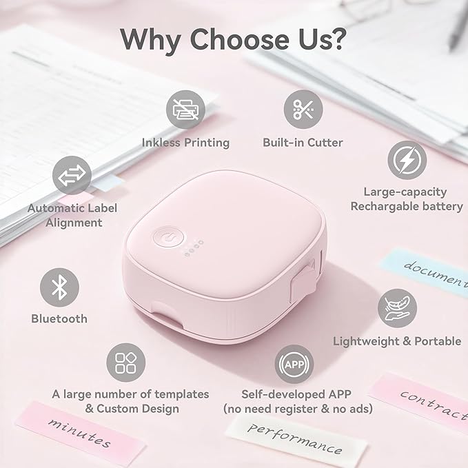 Mini Label Maker Machine with Tape – Portable Bluetooth Mini Label Printer, Wireless Thermal Label Maker, Waterproof & Rechargeable, Built-in Cutter, for Home, Office, School, Kitchen – Pink