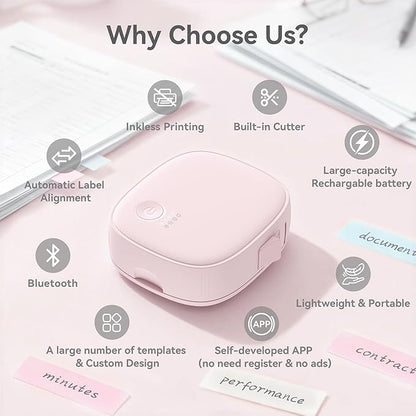 Mini Label Maker Machine with Tape – Portable Bluetooth Mini Label Printer, Wireless Thermal Label Maker, Waterproof & Rechargeable, Built-in Cutter, for Home, Office, School, Kitchen – Pink