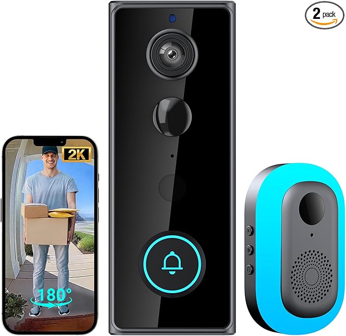 TTJ Video Doorbell Camera 2K with Chime, No Monthly Fee, Head-to-Toe View, 180° Large Field of View,Night Vision，AI Motion Detection, 4000mAh Battery Powered, 2.4GHz WiFi Only, IP65 Weatherproof