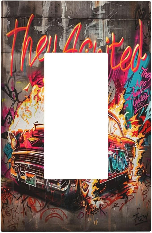 Decorative Outlet Covers Hip Hop Street Graffiti Flame Car 1 Gang Single Rocker Light Switch Cover Plate Wall Plates GFCI Faceplate for Bedroom living Room Decor