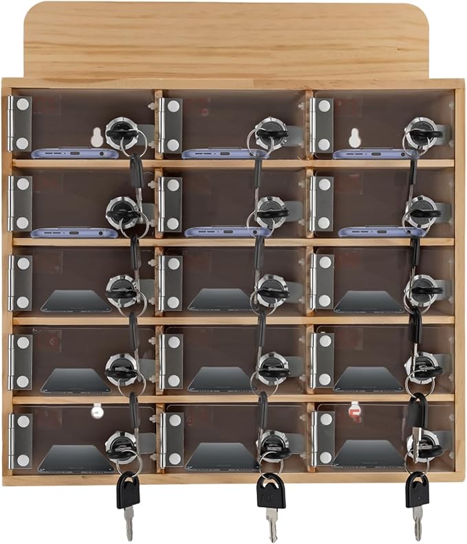 15 Slot Lockable Cell Phone Locker Box, Wall-Mounted/Freestanding Clear Acrylic & Wood Cell Phone Storage Cabinet with Door Locks and Keys for Classroom, Office, and School Employees