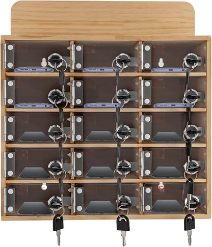 15 Slot Lockable Cell Phone Locker Box, Wall-Mounted/Freestanding Clear Acrylic & Wood Cell Phone Storage Cabinet with Door Locks and Keys for Classroom, Office, and School Employees
