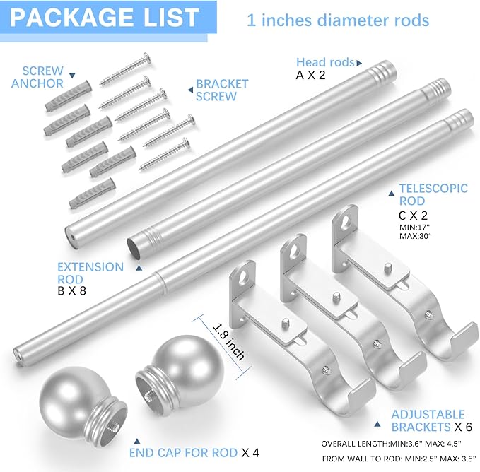 Curtain Rods for Windows 16 to 92 Inches, Curtain Rod Max Adjustable Length of 104 IN, 1" Diameter Drapery Rods Round Finials, Satin Silver, Pack of 2