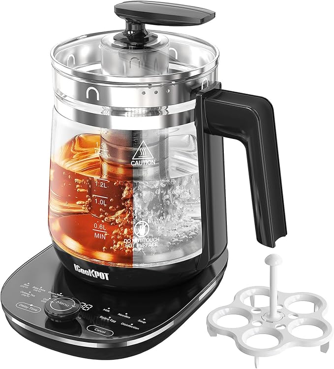 Glass Electric Kettle with Tea Infuser – 1.5L Stainless Steel, 1200W Rapid Boil, Temp & Programmable Control for Teas/Coffee – Black