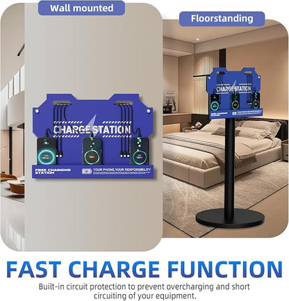 Mechanical Type Wall Mounted Charging Station with 8 PortHigh Speed Cables - Universal Dock for Apple, Type-C & Android Devices, Perfect for Airports, Hotels, Offices, School (Blue)