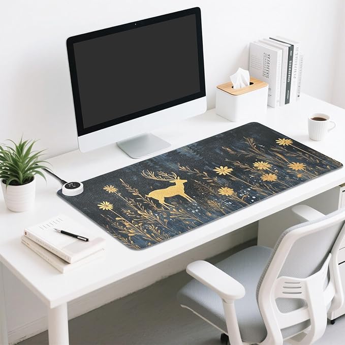 Heated Desk Pad Mouse Pad 31.5x13 Inch PU Leather Desk Mat with 3 Heat Levels Large Mouse Gaming Computer Laptop Mat Deer Blue Hat Flowers Black
