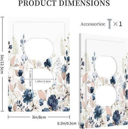 Blue Flora Boho Vintage Flower Golden Leaves Outlet Covers 1 Gang Duplex Light Switch Cover Decorative Switch Plates Electrical Receptacle Faceplate Wall Plate for Bedroom Living Room Decor