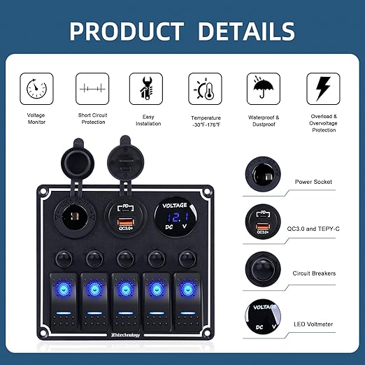5 Gang Marine Boat Switch Panel with Dual USB Charger & Voltmeter, Waterproof Aluminum Rocker Switch Panel for Marine Automotive Truck RV Trailer with Lighter Socket Press Protector, 12/24V Black