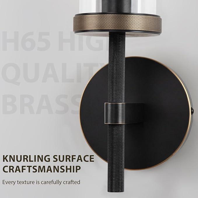 15" Knurled Brass Wall Sconces Set of 2, Black Gold Bathroom Vanity Light Fixtures with Clear Glass Tube, Modern Lamp Lighting for Bedroom, Living Room, Hallway, Staircase, Mirror, Kitchen