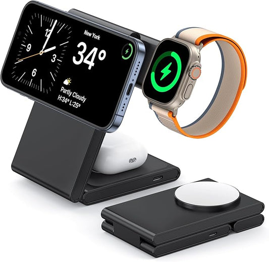 3 in 1 Wireless Charging Station for Multiple Devices, Fast Foldable Travel Mag-Safe Stand for iPhone 17/16/15/14/13 Series, Magnetic Charger for Apple Watch 11/10/Ultra 3/2/AirPods 4 with 20W Adapter