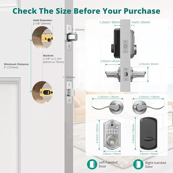 DS10 Keyless Entry Door Lock with Handle - 2 Lever Handles, Fingerprint Door Lock, Keypad Deadbolt, 2 Keys, Code, Smart Locks for Front Door, Auto-Lock, Easy Installation - Satin Nickel