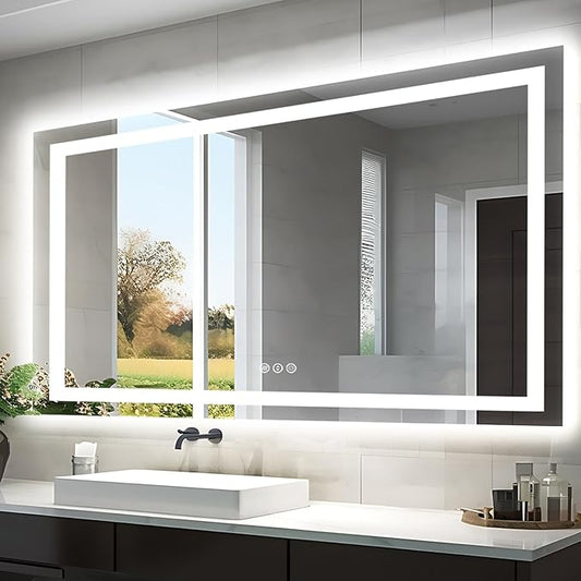 55"x30" LED Bathroom Mirrors for Wall, Front and Backlit Mirror, Anti-Fog Vanity Mirror with Lights, Stepless 3 Colors Dimmable Lighted Mirror(Horizontal/Vertical)