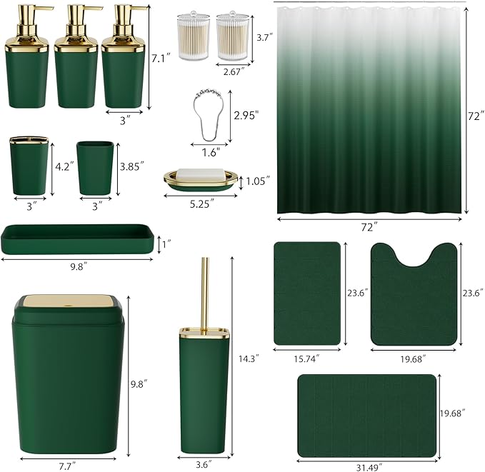 Bathroom Sets with Shower Curtain and Rugs, 27PC Bathroom Accessory Set, Green Bathroom Set, Green and Gold Bathroom Accessories Set with Trash Can, Toilet Brush and Soap Dispensers