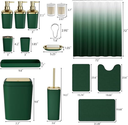 Bathroom Sets with Shower Curtain and Rugs, 27PC Bathroom Accessory Set, Green Bathroom Set, Green and Gold Bathroom Accessories Set with Trash Can, Toilet Brush and Soap Dispensers