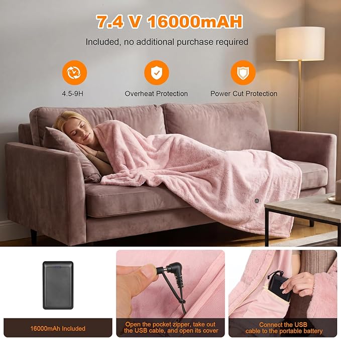 Cordless Heated Blanket Battery Operated with Fleece Lining 7.4V 16000mAh Battery Portable Wearable Heated Shawl for Women Men 6 Heating Zones 3 Fast-Heating Levels (Battery Included)