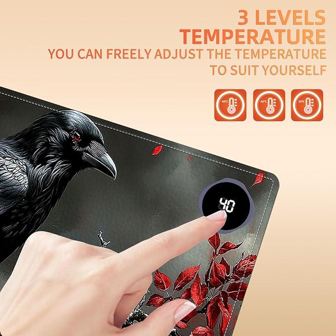 Heated Mouse Pad 31.5x13 in 3-Temp Fast Heating Desk Mat with Auto Timer Warmer for Hands Wrist Pain Relief Waterproof Keyboard Mat for Office, Gaming, Home, Raven Red Berries