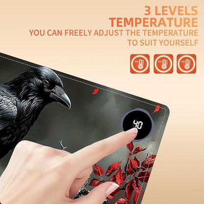 Heated Mouse Pad 31.5x13 in 3-Temp Fast Heating Desk Mat with Auto Timer Warmer for Hands Wrist Pain Relief Waterproof Keyboard Mat for Office, Gaming, Home, Raven Red Berries