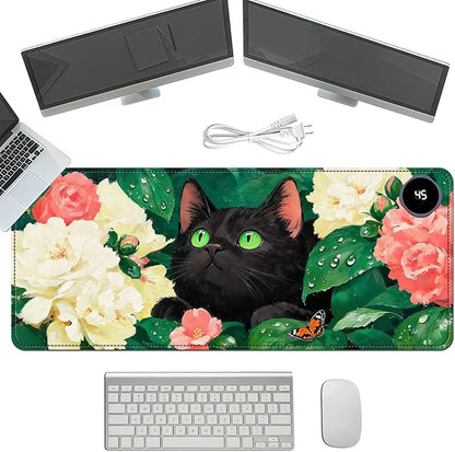 Heated Mouse Pad with 3 Temperature Settings(104°F–122°F),Large 31.5x13 Inch PU Leather Heated Desk Mat,Waterproof Warming Pad for Office,Gaming & Cold Hands Relief,Flower Black Cat Art