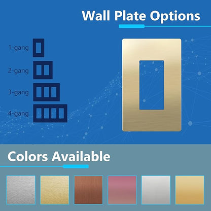 LIDER Screwless Metal-Surface Wall Plate, Decorator Switch Cover, Temperature and Impact Resistant, 201 Stainless Steel, Modern Decoration Upgrade, Mid-Size 1-Gang 4.88" x 3.11", Brushed Brass, 2 Pack