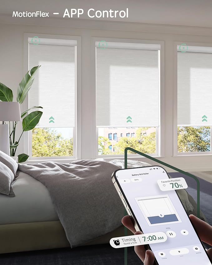 Yoolax Motorized Shades Dual Control, MotionFlex Motorized Roller Shades with App & Manual Control, Pull Down Automatic Shades for Indoor Windows, Custom Size(Light Filtering Jacquard White)
