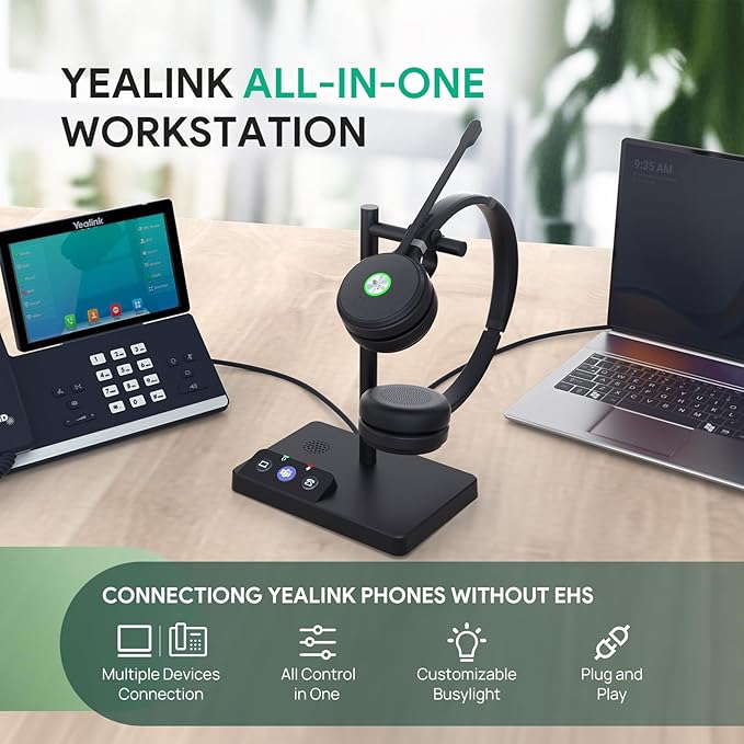 Yealink WH62 Dual UC DECT Wireless Headset, 525 ft Long Range, Work Headphones with Base, 2X Noise Canceling Mic for IP Phone and Computer, Office Headsets Call Control, Ringer,14H Talk Time