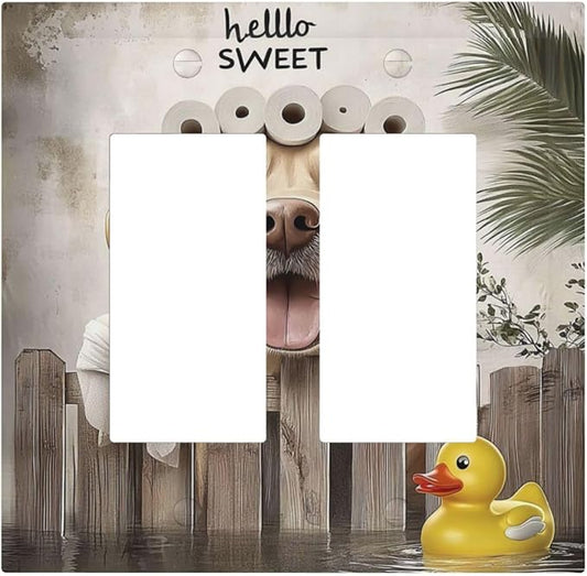 Funny Dog Rustic Farmhouse Wooden Fence Labrador Decorative Outlet Covers 2 Gang Double Gfci Rocker Electrical Wall Panels Light Switch Cover Plate For Kids Room Bathroom Decor