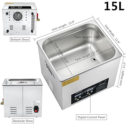 Ultrasonic Cleaning Machine 15L, Ultrasound Cleaner Digital Sonic Washer with Timer and Heater for Carburetor Carb Parts Tools Retainer Cleaning