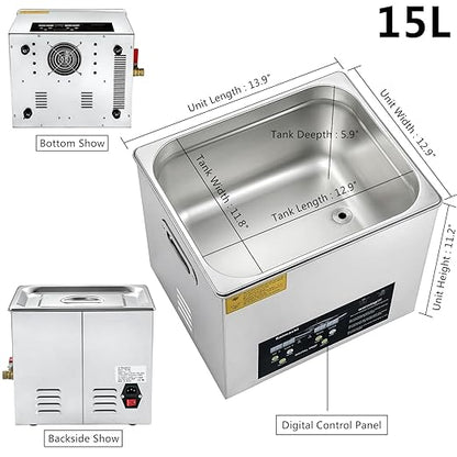Ultrasonic Cleaning Machine 15L, Ultrasound Cleaner Digital Sonic Washer with Timer and Heater for Carburetor Carb Parts Tools Retainer Cleaning