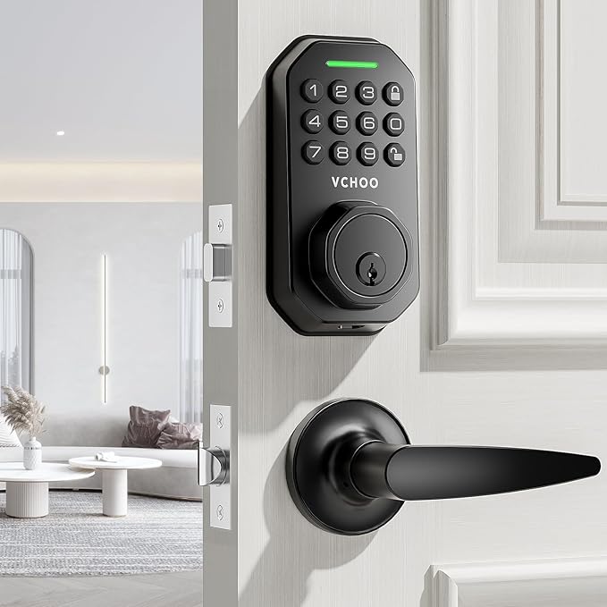 Keyless Entry Door Lock Set Smart Locks for Front Keypad Door Lock with Handle Automatic Lock One Time Password Anti Peeping Password IP54, Black