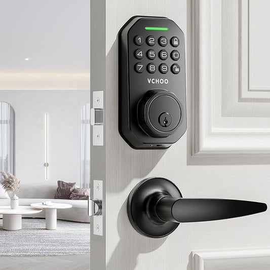 Keyless Entry Door Lock Set Smart Locks for Front Keypad Door Lock with Handle Automatic Lock One Time Password Anti Peeping Password IP54, Black
