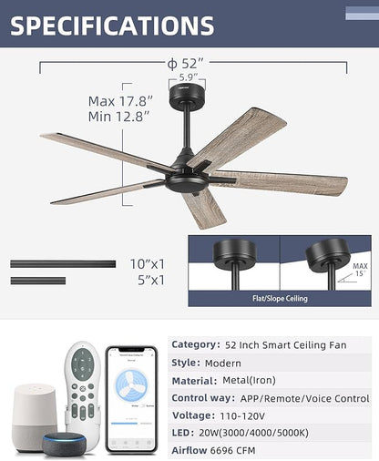 YOUKAIN Ceiling Fan without Light, 52 Inch Black Ceiling Fans, Smart Ceiling Fans Remote & APP Control, Reversible Blades, Outdoor Ceiling Fan for Bedroom, Living room, 52-YJ812-BK-NL