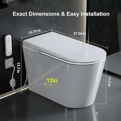 Smart Toilet with Auto Open/Close Lid for bedroom Heated Seat with Remote Control,Hidden Foam Shield, Multiple Cleaning Modes, Ambient Lighting,Soft Flush Feature Warm Water & Dryer