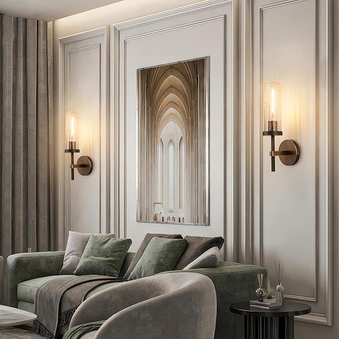 15" Knurled Brass Wall Sconce with Crackle Glass Tube, Bronze Bathroom Vanity Light Fixtures, Modern Lamp Lighting for Bedroom, Living Room, Hallway, Staircase, Mirror, Kitchen