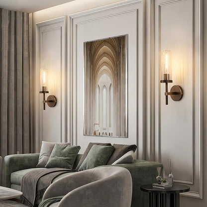 15" Knurled Brass Wall Sconces Set of 2, Bronze Bathroom Vanity Light Fixtures with Crackle Glass Tube, Modern Lamp Lighting for Bedroom, Living Room, Hallway, Staircase, Mirror, Kitchen