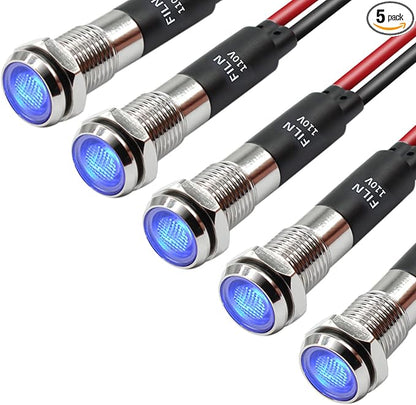 5Pcs 8MM (5/16'') Indicator Light led Indicator 110V 220V Metal Pilot Lamp Lights Aluminum Black Anodized Waterproof ip67 Red Signal Lamp Light(110V-Brass Nickel Plated-Blue 5Pcs)