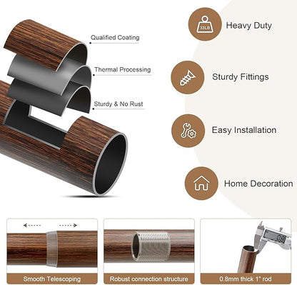 2 Pack Antique Redwood Grain Curtain Rods for Windows 48 to 84 Inches 1" Diameter Heavy Duty Window Curtain Rod Adjustable with Solid Finials for Living Room Bedroom Kitchen Farmhouse Outdoor