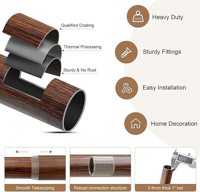 2 Pack Antique Redwood Grain Curtain Rods for Windows 66 to 120 Inches 1" Diameter Heavy Duty Window Curtain Rod Adjustable with Solid Finials for Living Room Bedroom Kitchen Farmhouse Outdoor