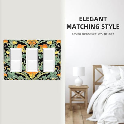Light Switch Covers William Morris Vintage Floral Green Yellow 3 Gang Rocker Electrical GFCI Decorative Triple Outlet Wall Plate Cover Switchplate for Bedroom Home Decor
