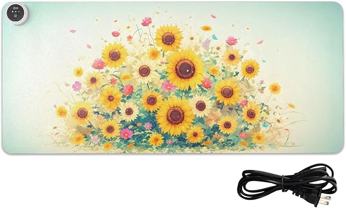 Large Heated Mouse Pad,Leather Desk Mat,31.5"x13",Hand Warmer Pads for Desk,Sunflower(Yellow)