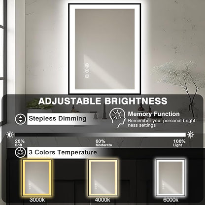 28x32 LED Bathroom Mirror - Black Aluminum Framed,Front and Backlit,Anti-Fog Framed Bathroom Vanity Mirror,3 Color Stepless Dimmable Lighted Smart Mirror(Horizontal/Vertical)