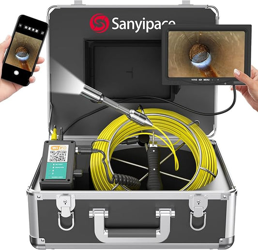 Sanyipace Sewer Camera 65FT/20M with WiFi Wireless Transmission, Drain Camera with Lights, Pipe Sewer Scope Inspection Camera with IP68 Waterproof Camera Probe, 7" Color Screen, Camera Guide Wheel