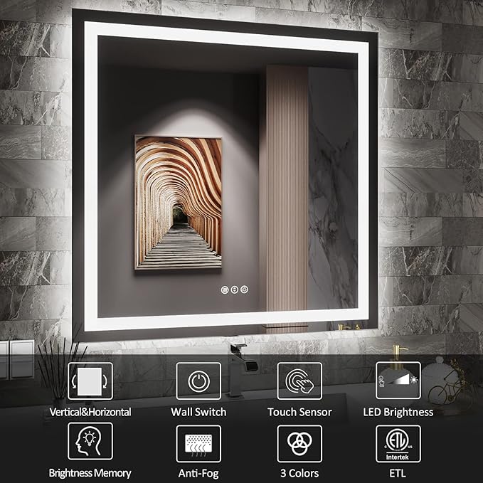 Amorho LED Bathroom Mirror, 38'' X38'' with Front and Backlit, Stepless Dimmable Wall Mirrors with Anti-Fog, Shatter-Proof, Memory, 3 Colors, Double LED Vanity Mirror